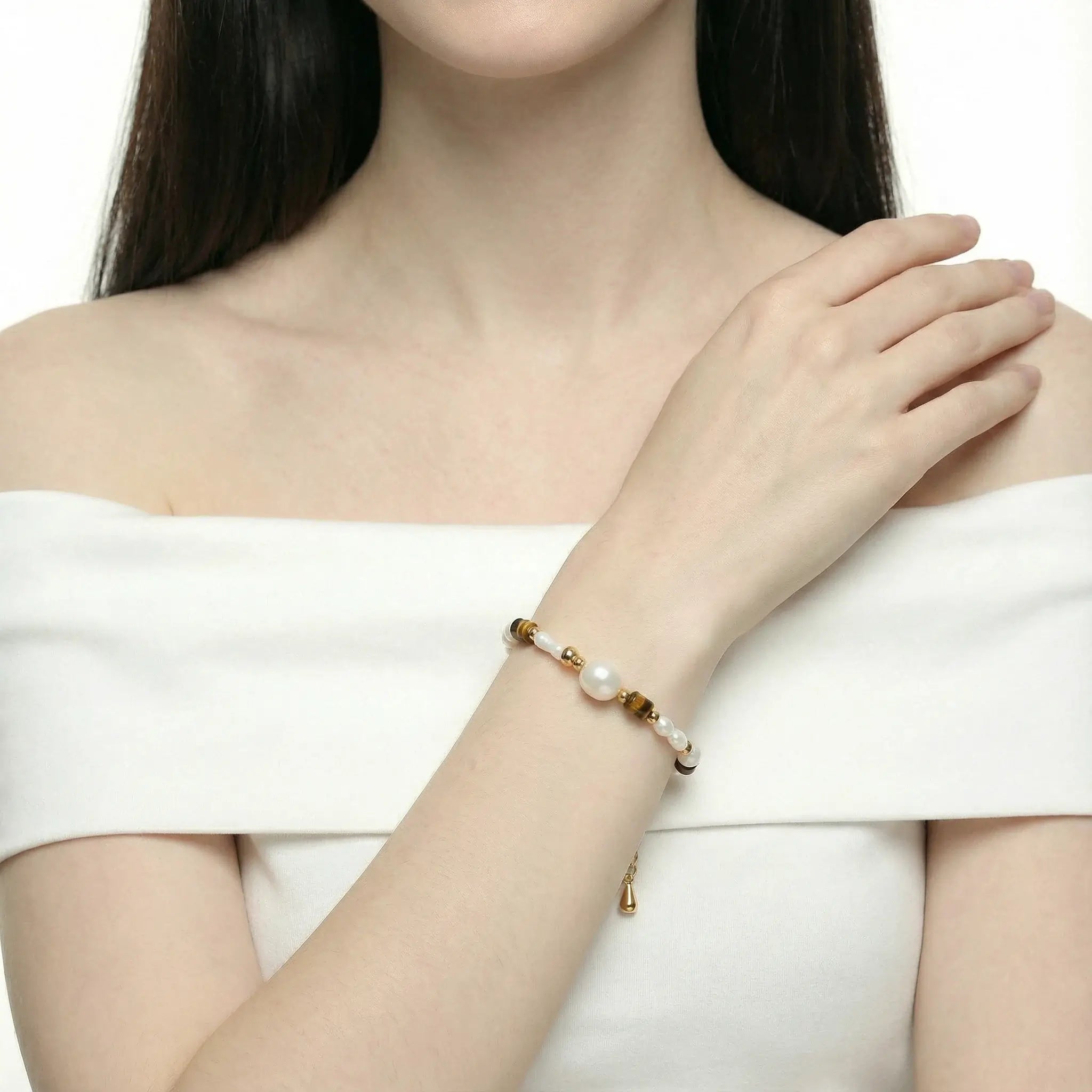 Tiger Eye Tube White Freshwater Pearl Bracelet