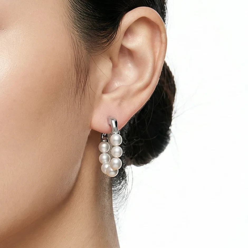 Pearl Hoop Drop White Freshwater Pearl Stud Earrings