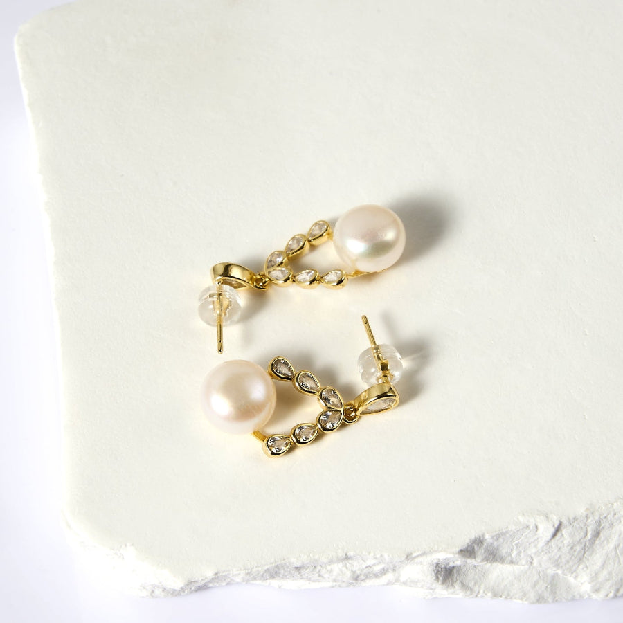 Leaf-Arc White Freshwater Pearl Stud Earrings