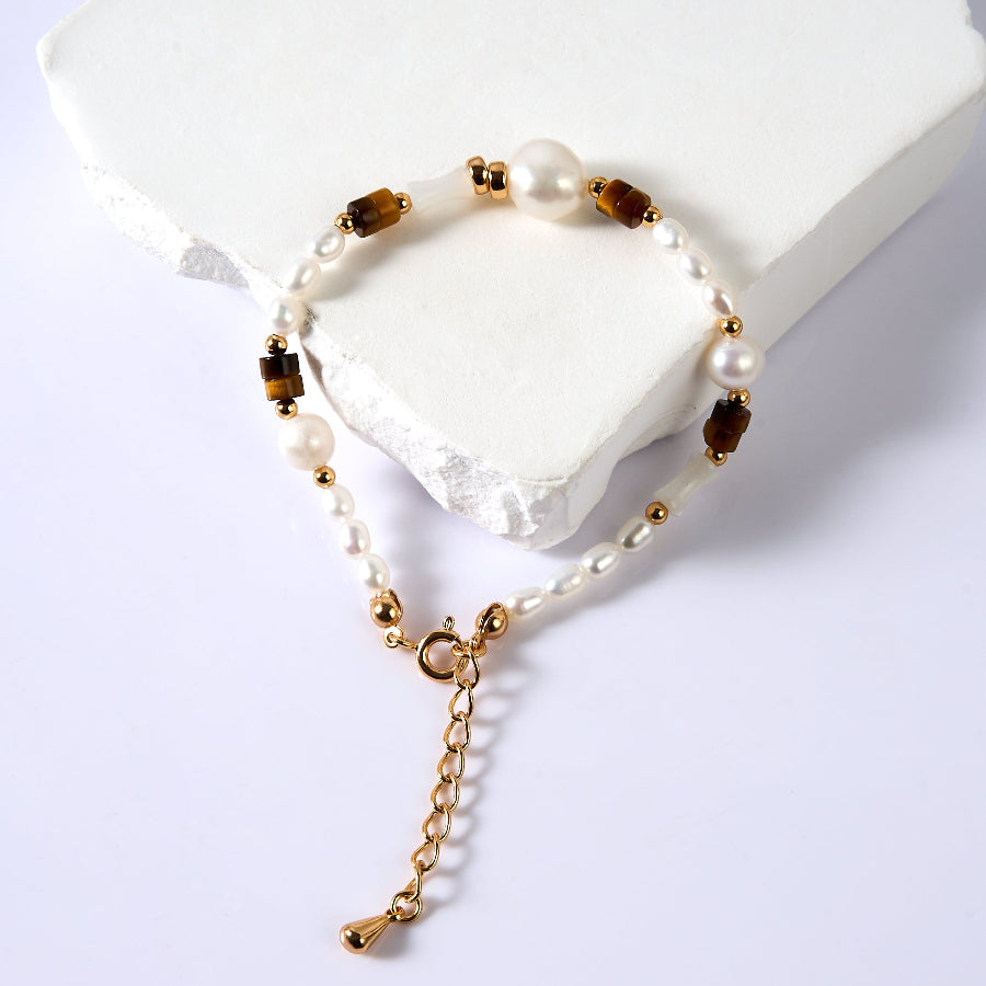 Tiger Eye Tube White Freshwater Pearl Bracelet