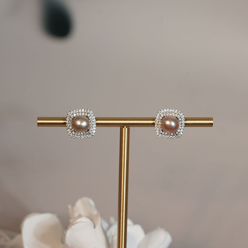 Mirrorlight Caramel Halo Pearl Stud Earrings