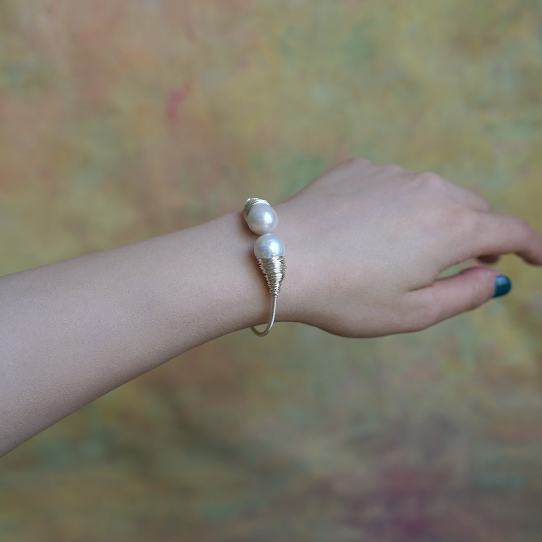 Twin Blooms Wire-Wrapped Pearl Bracelet
