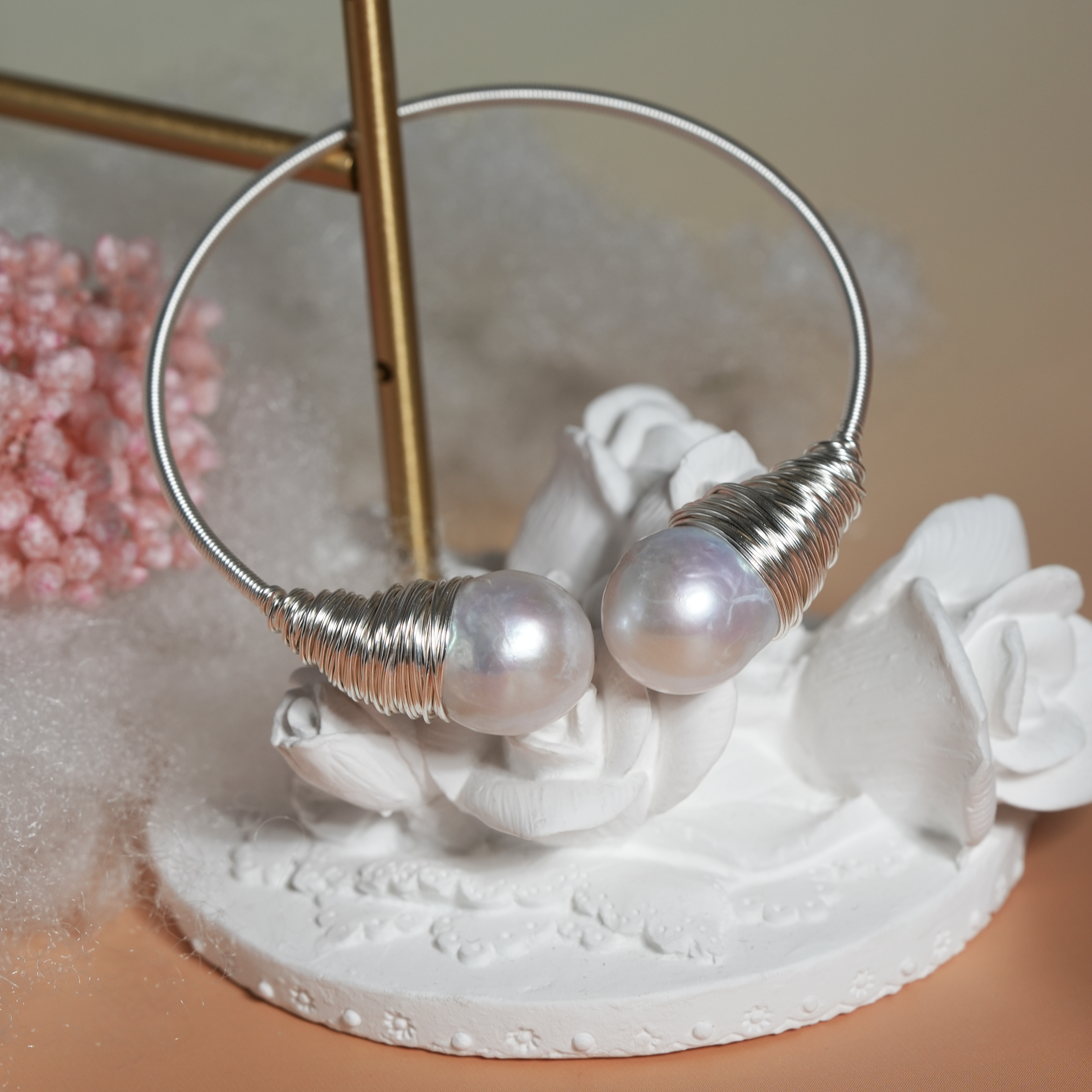 Twin Blooms Wire-Wrapped Pearl Bracelet
