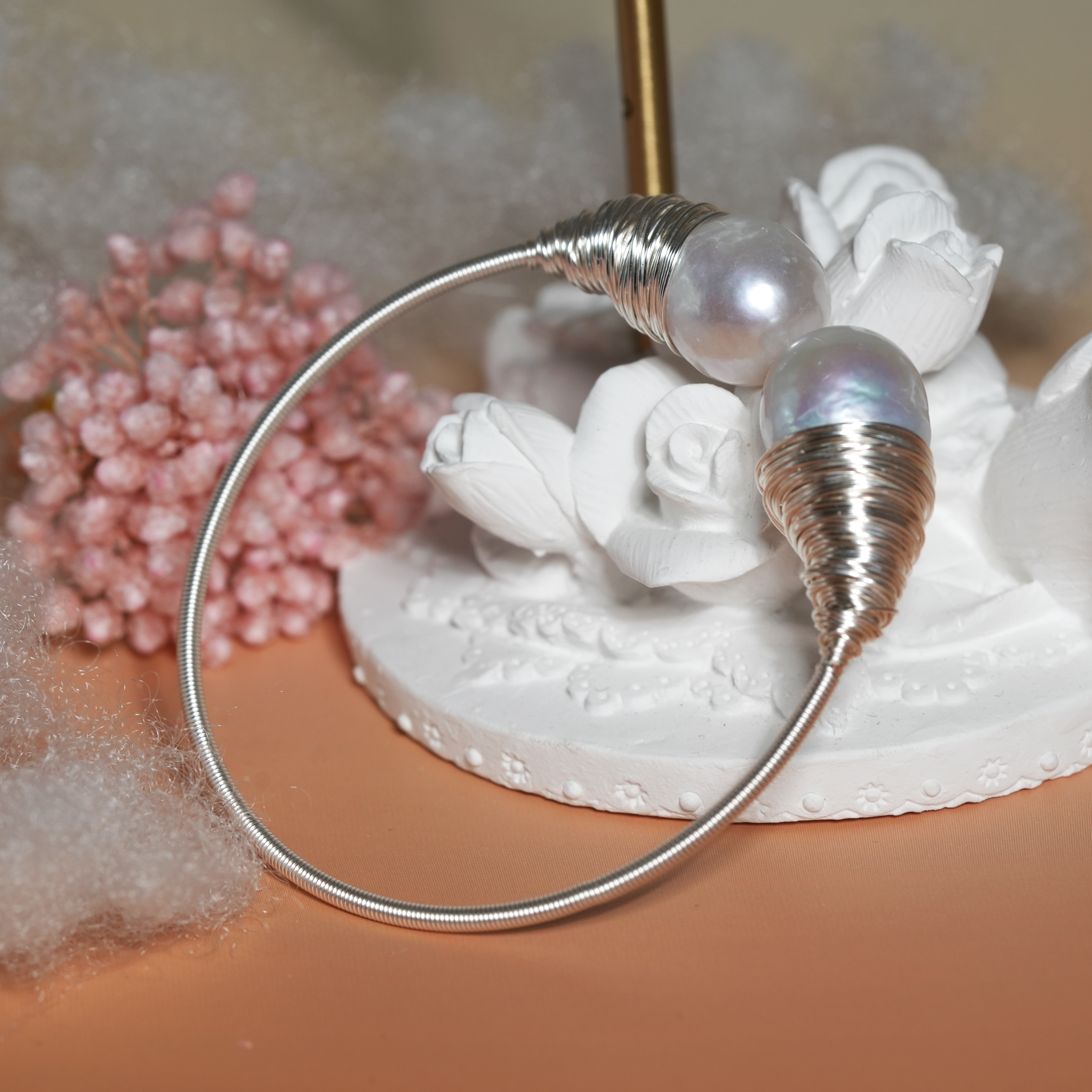 Twin Blooms Wire-Wrapped Pearl Bracelet
