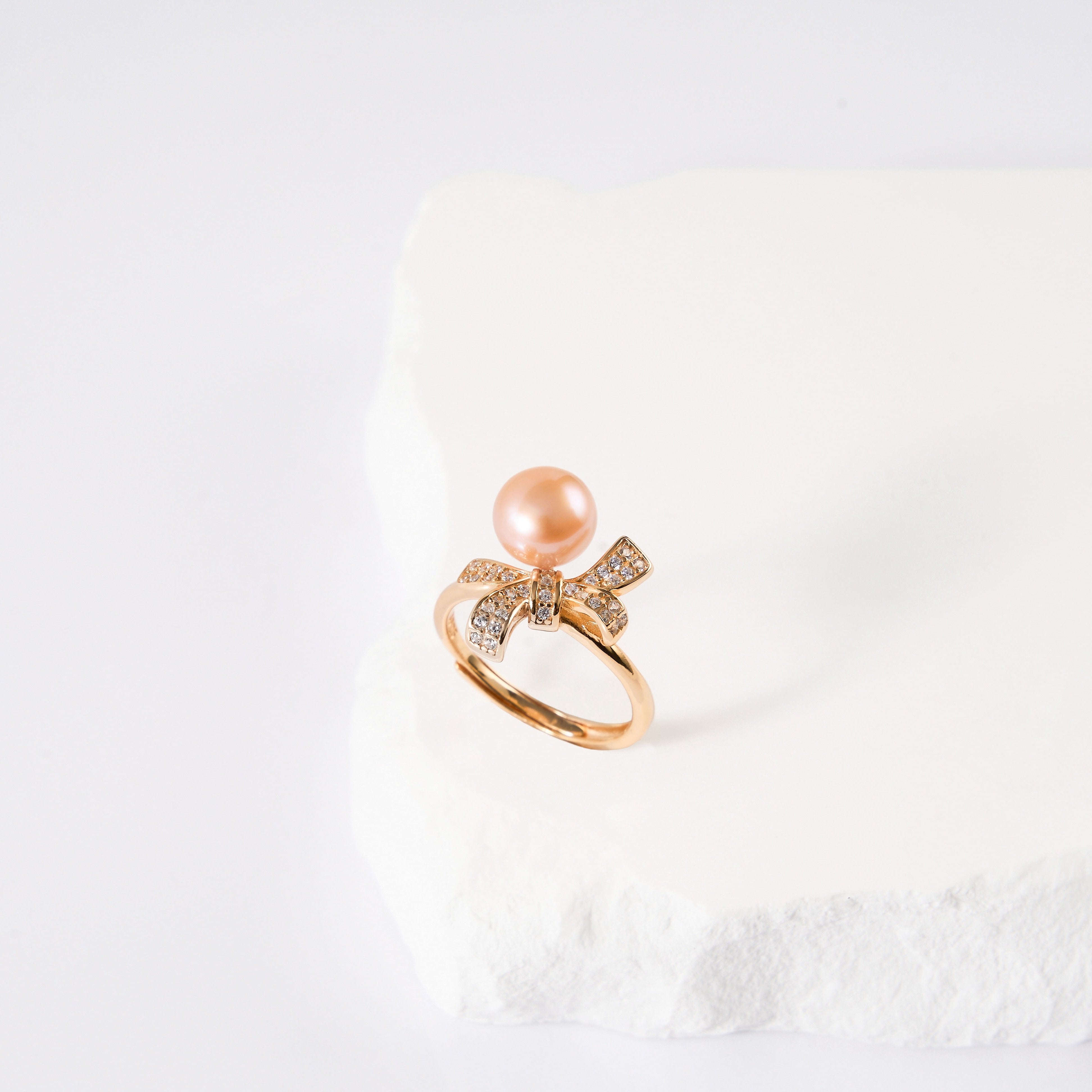 7.5-8mm Rose gold bow Freshwater pearl ring-AAA Quality
