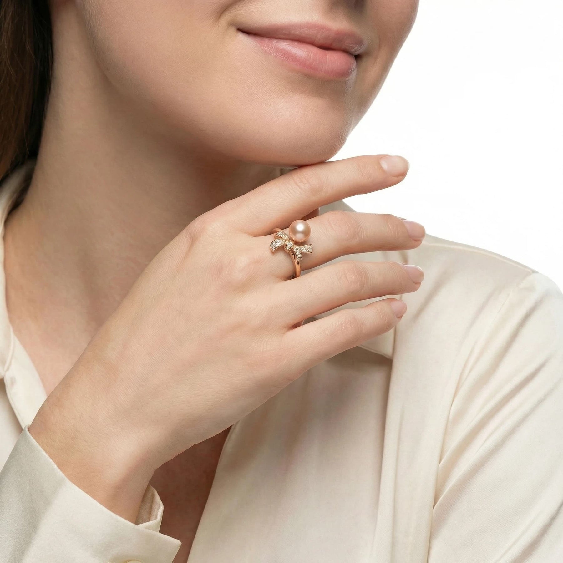7.5-8mm Rose gold bow Freshwater pearl ring-AAA Quality