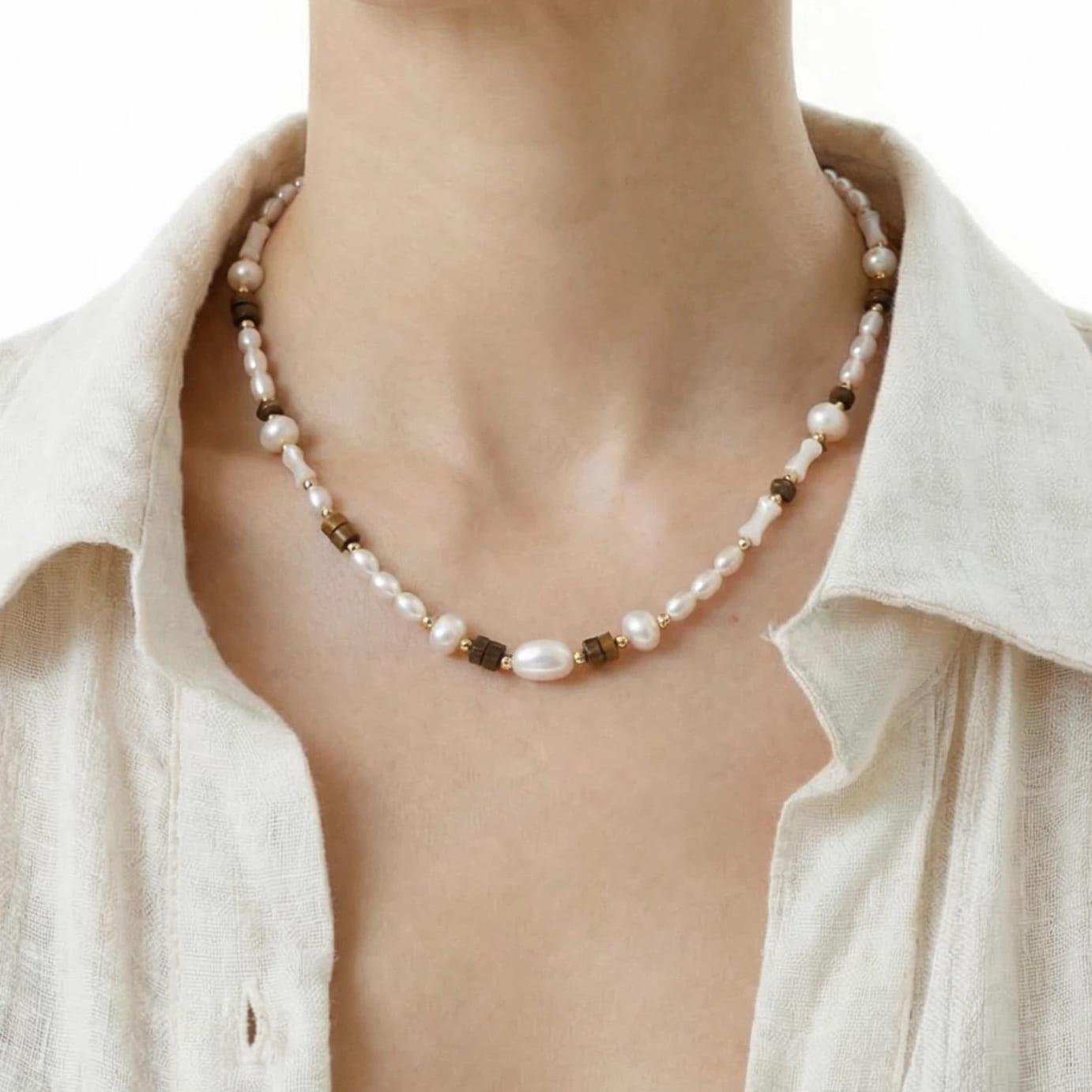 Gold&White Freshwater Pearl Necklace