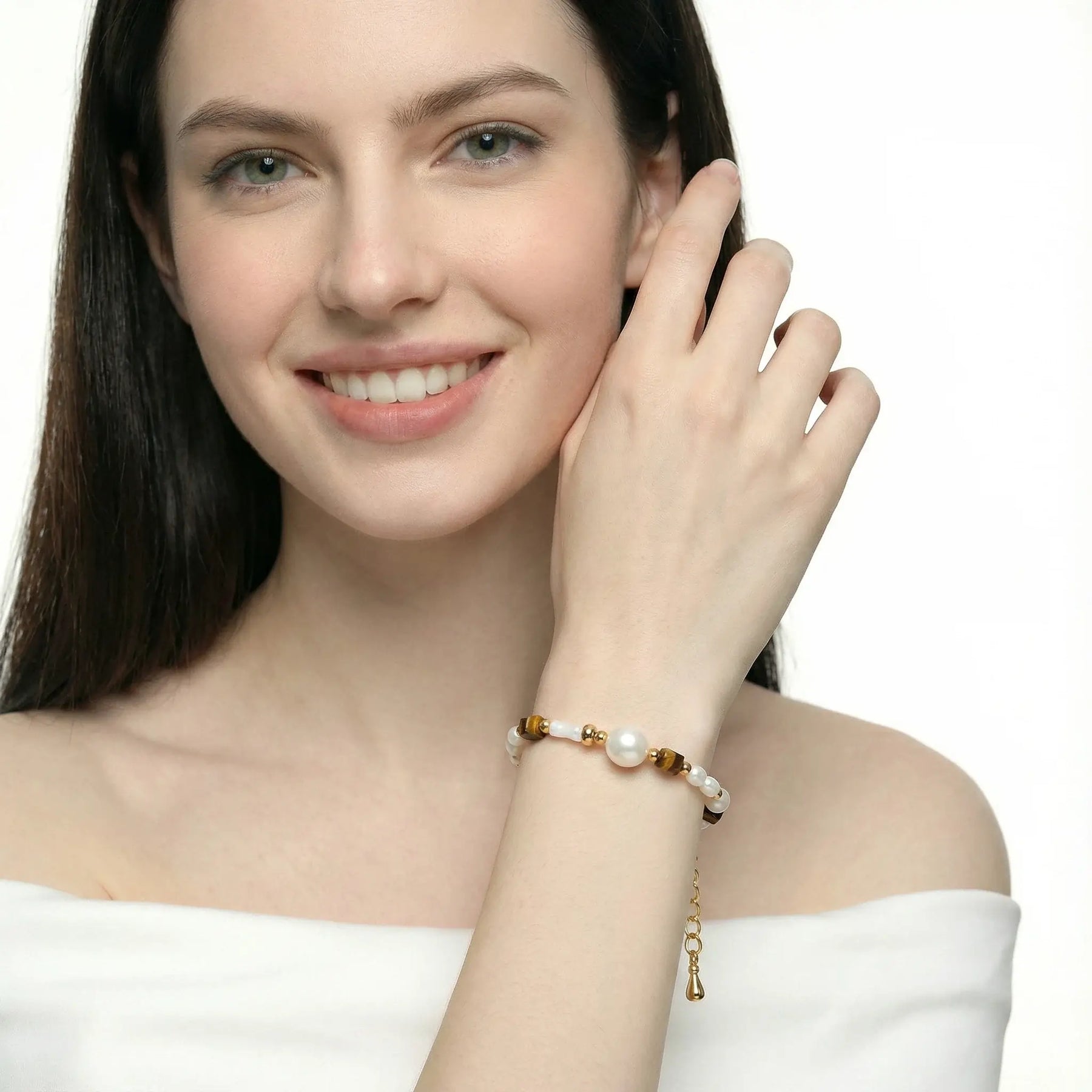 Tiger Eye Tube White Freshwater Pearl Bracelet