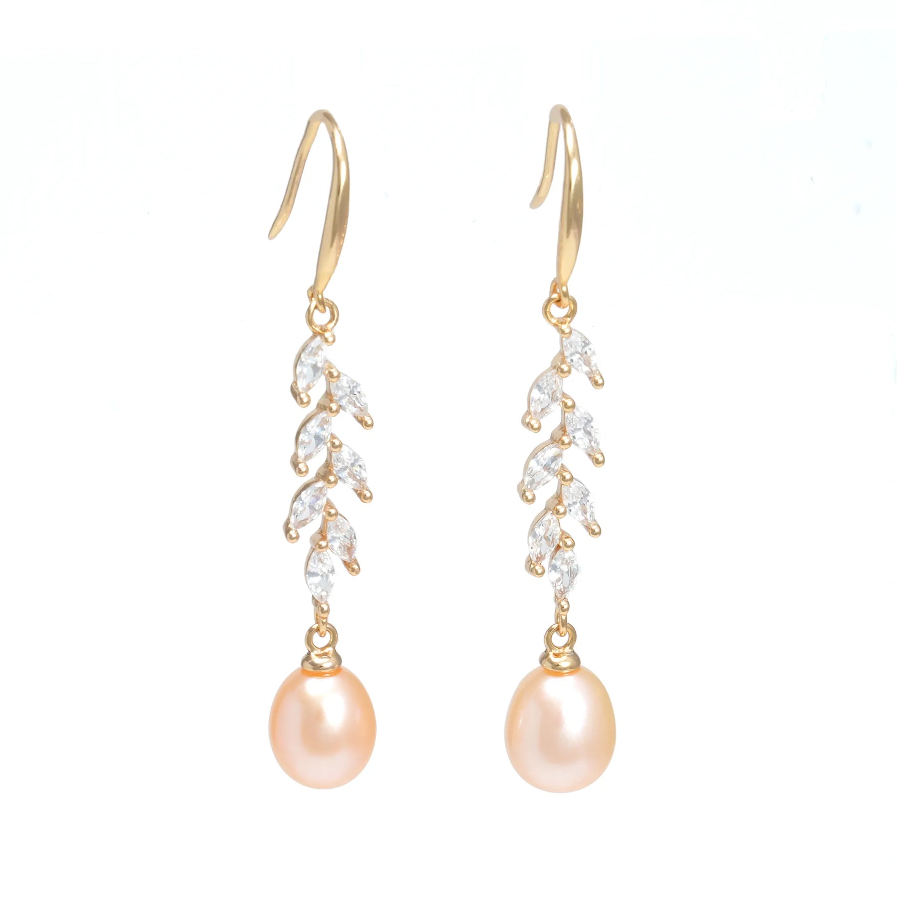 Leaf-Vine Champagne Freshwater Pearl Dangle Earrings
