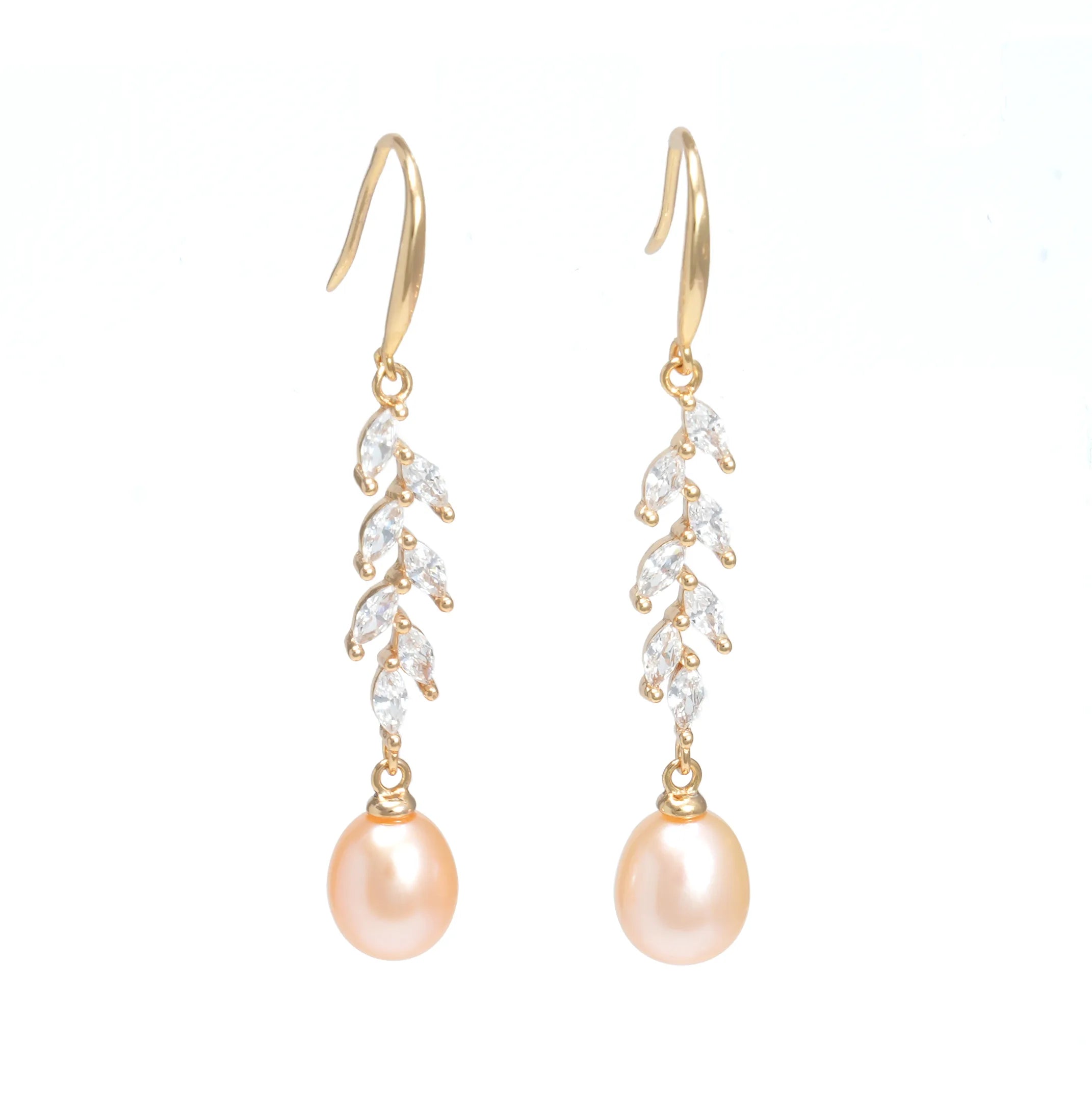 Leaf-Vine Champagne Freshwater Pearl Dangle Earrings