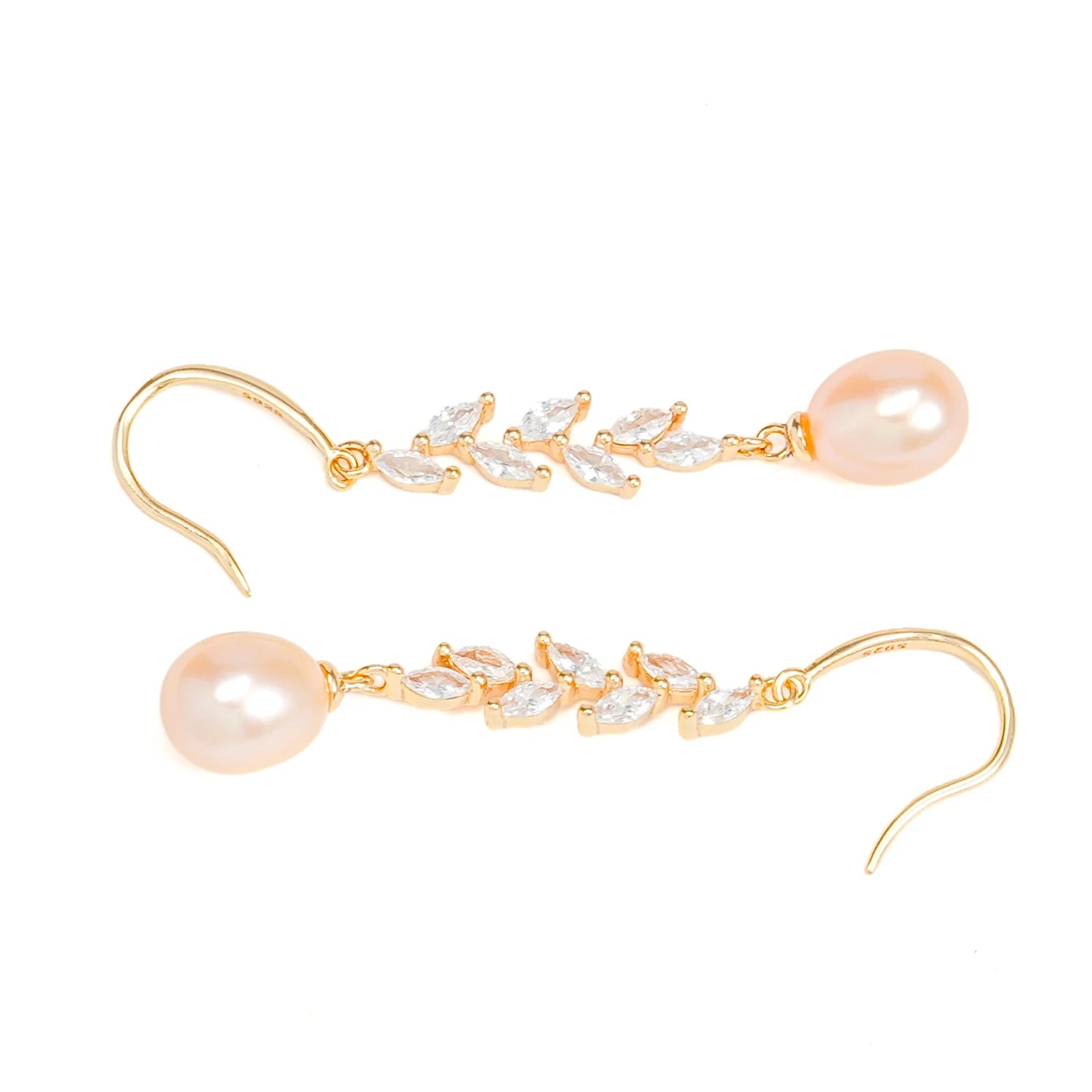 Leaf-Vine Champagne Freshwater Pearl Dangle Earrings