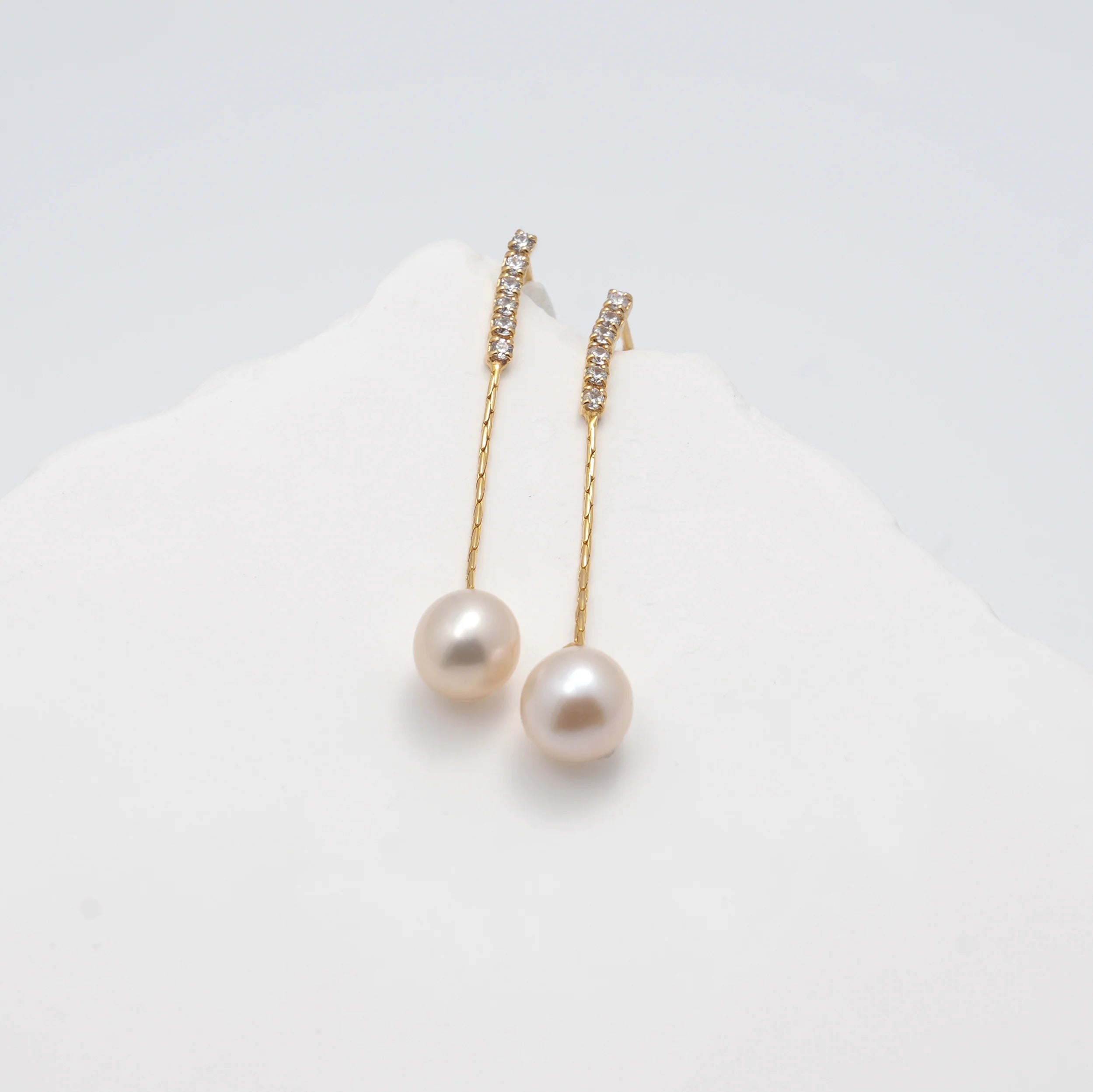Pave-Bar Freshwater Pearl Stud Drop Earrings