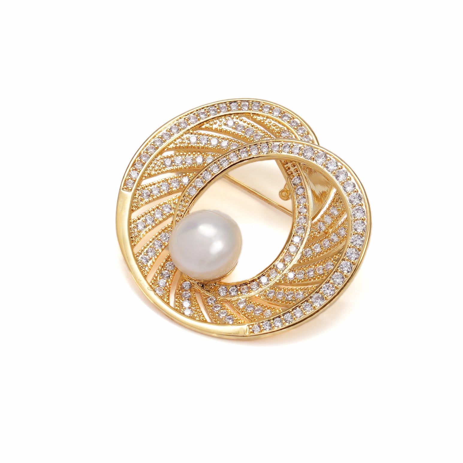 Intertwined Circle Spiral Pearl Brooch