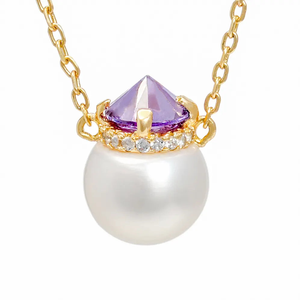 Crown-Top Purple Gem White Freshwater Pearl Pendant