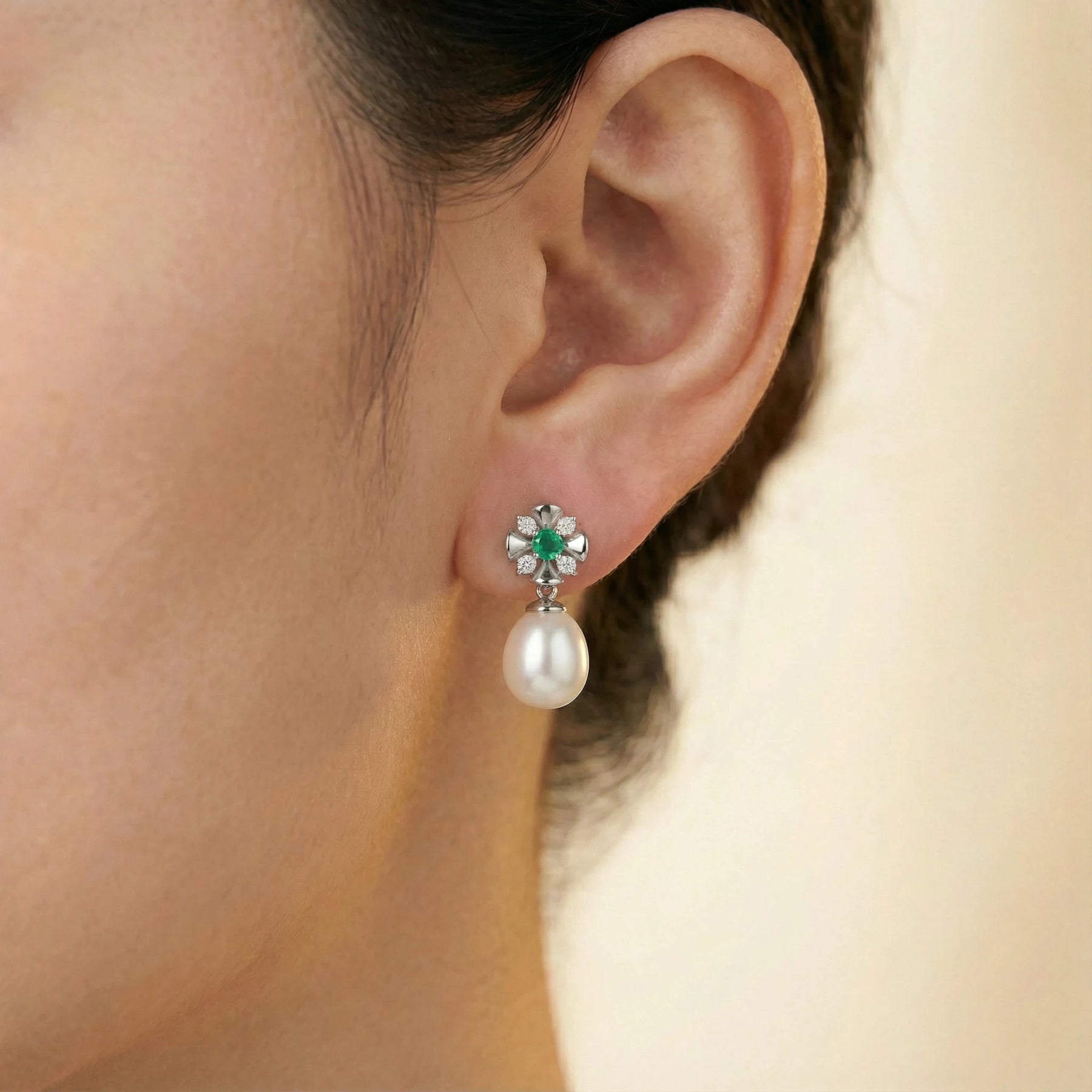 Floral Pinwheel Freshwater Pearl Drop Stud Earrings