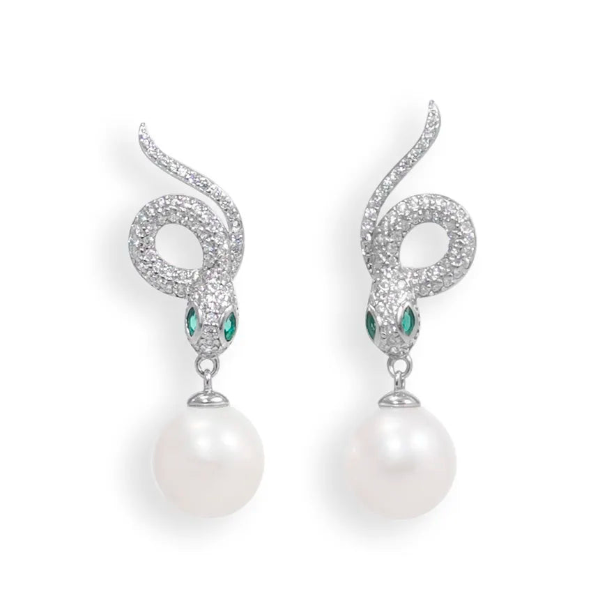 Snake White Freshwater Pearl Drop Stud Earrings (10.0–10.5mm)