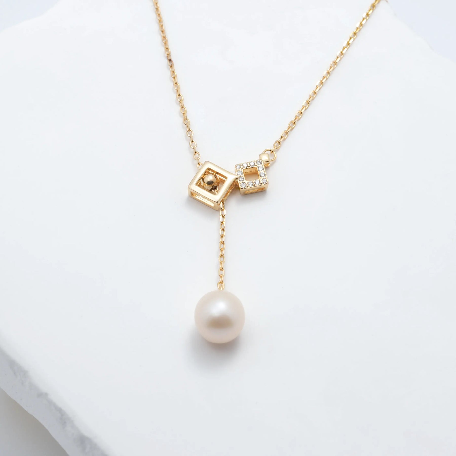 Geometric Lariat Freshwater Pearl Pendant Necklace