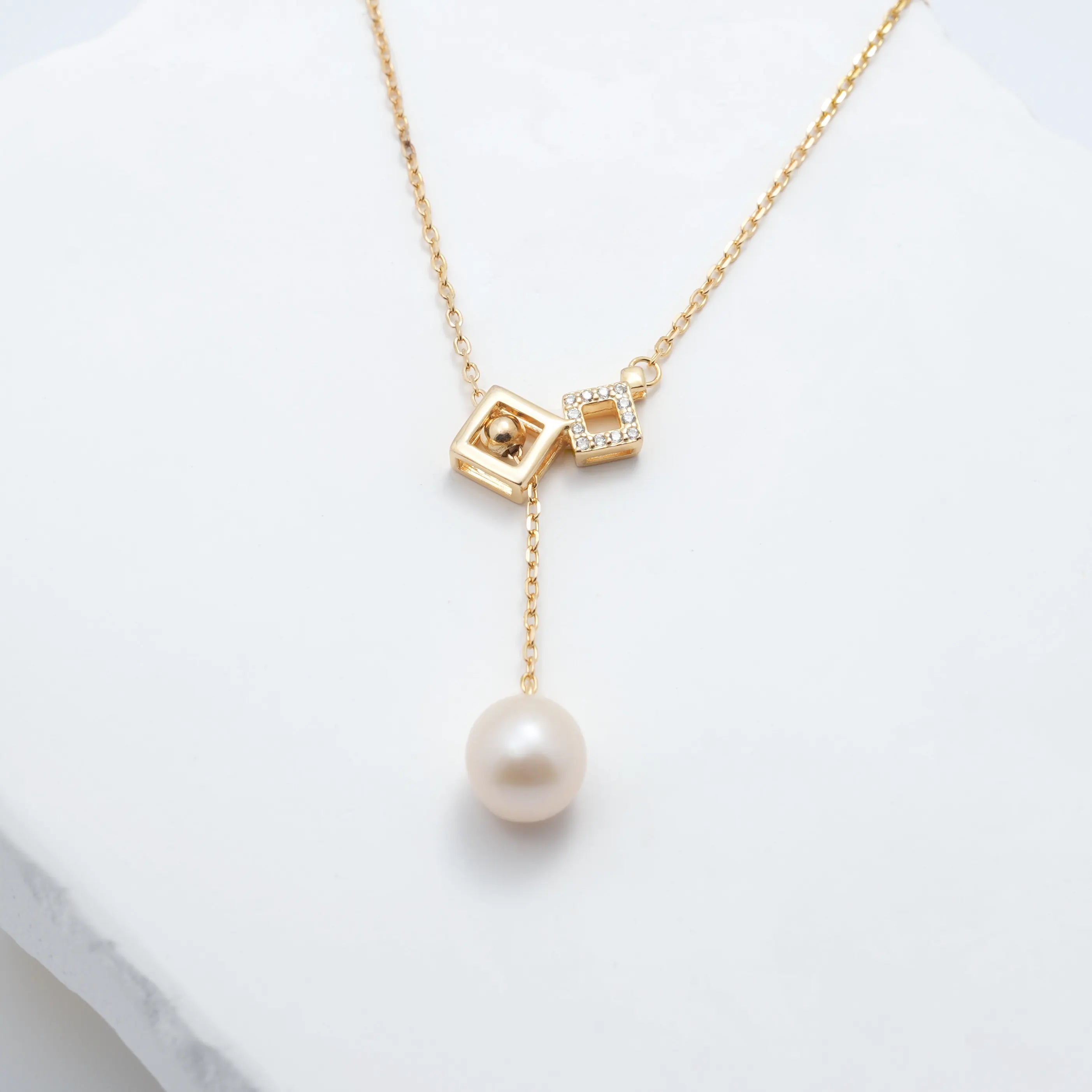 Geometric Lariat Freshwater Pearl Pendant Necklace