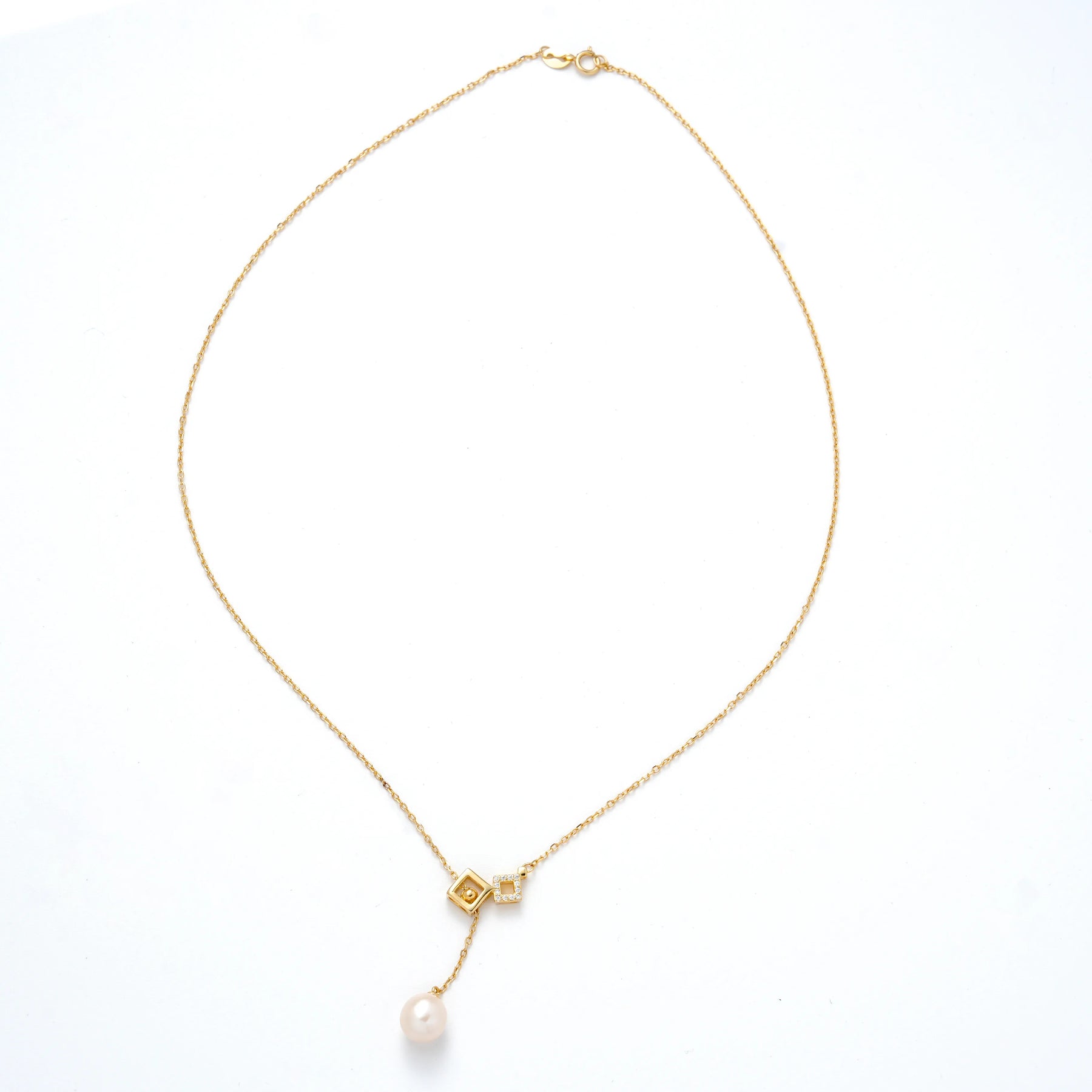 Geometric Lariat Freshwater Pearl Pendant Necklace