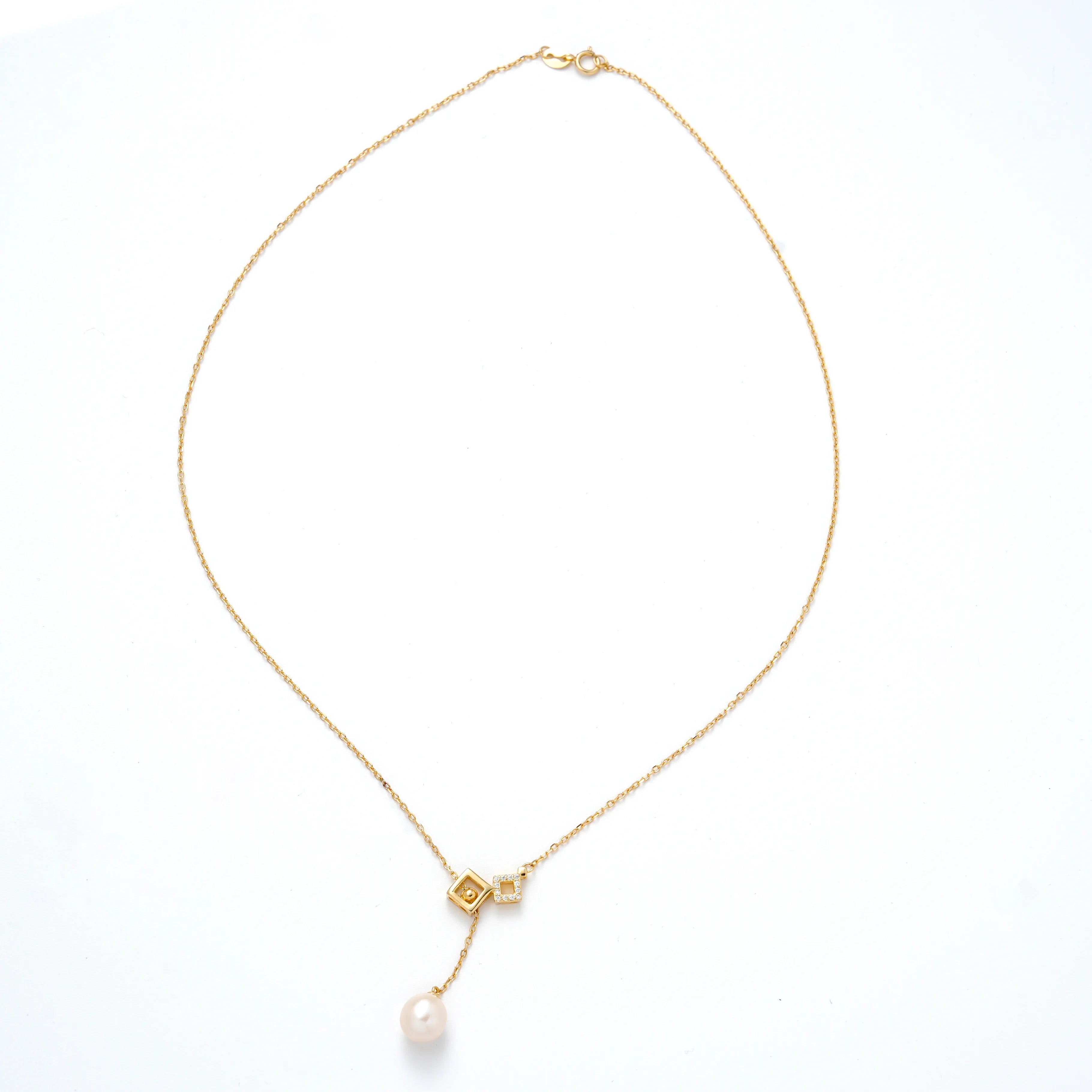 Geometric Lariat Freshwater Pearl Pendant Necklace