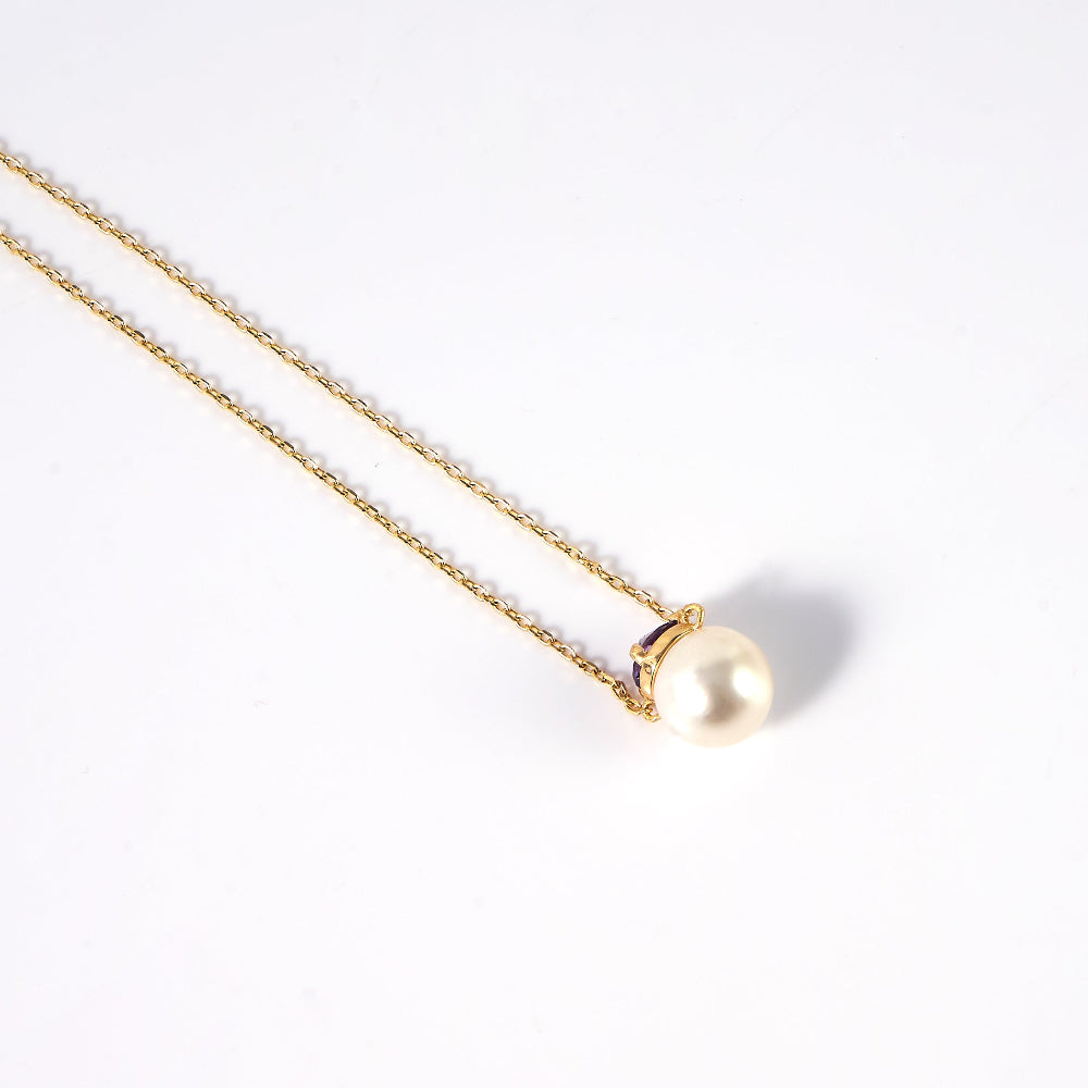 Crown-Top Purple Gem White Freshwater Pearl Pendant