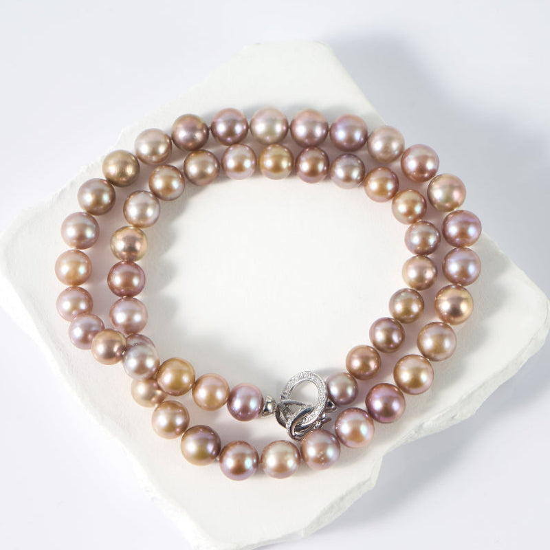 7–10.5mm Pavé Circle Clasp Lavender & Peach Freshwater Pearl Necklace – AAA Quality
