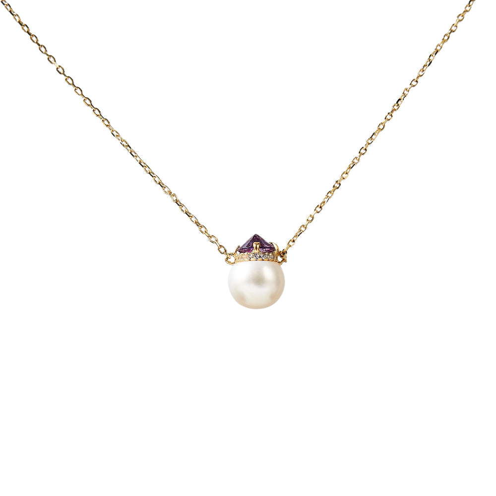 Crown-Top Purple Gem White Freshwater Pearl Pendant