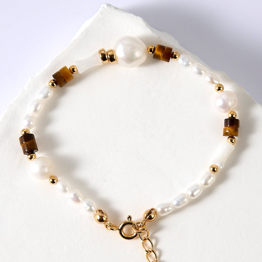 Tiger Eye Tube White Freshwater Pearl Bracelet