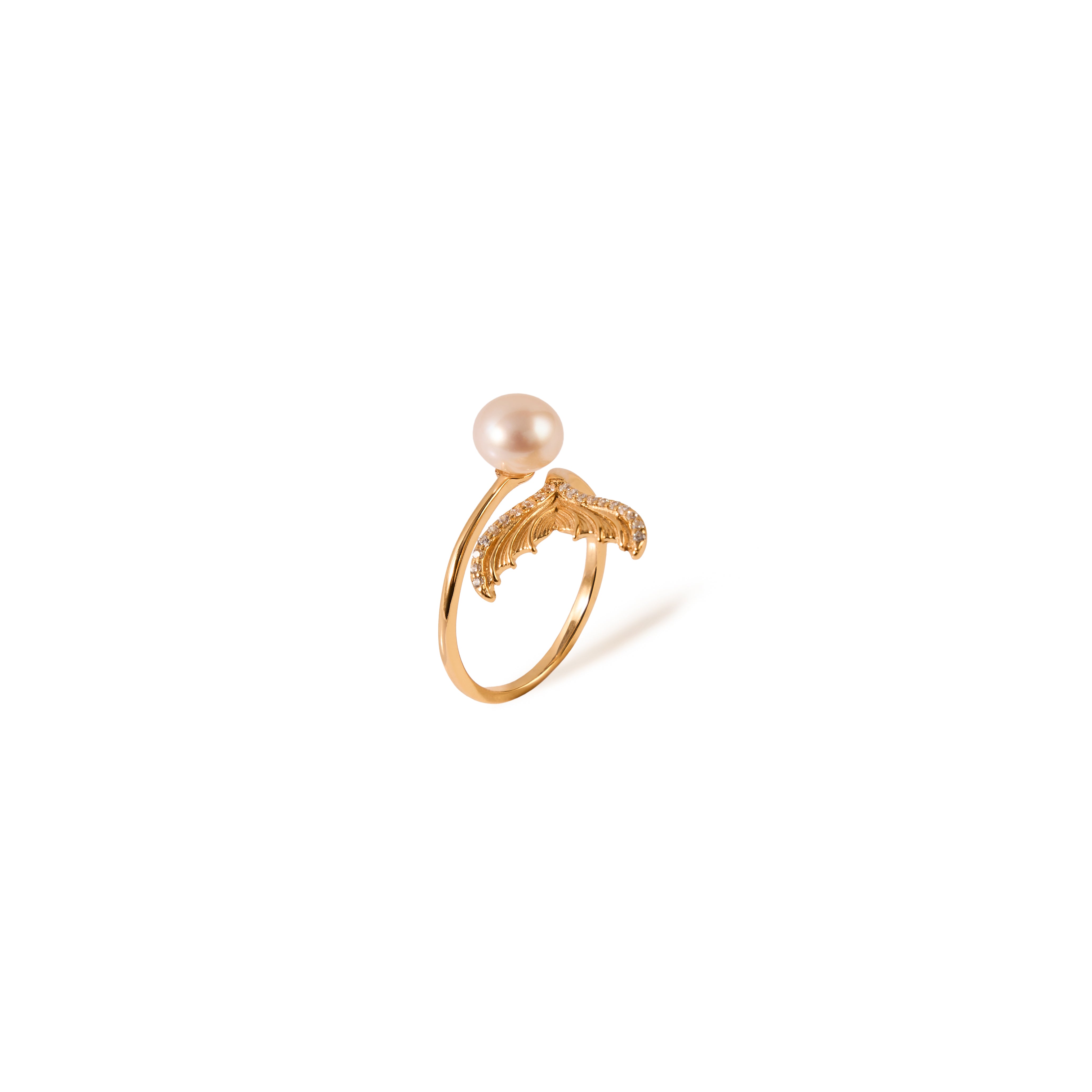 6.5-7.5 mm - AAA Quality，Mermaid Tail White Pearl Ring - 18K Gold-plated