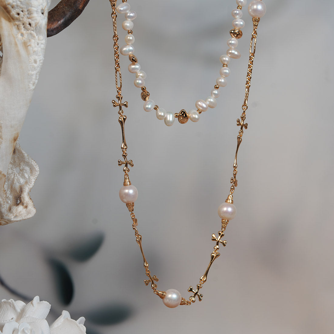 Gothic Reverie Bones & Bloom Pearl Jewelry Set